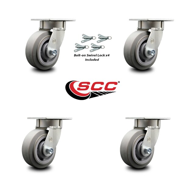 Service Caster 5 Inch Kingpinless Thermoplastic Rubber Wheel Swivel Caster Set with Swivel Lock SCC-KP30S520-TPRRF-BSL-4 - main